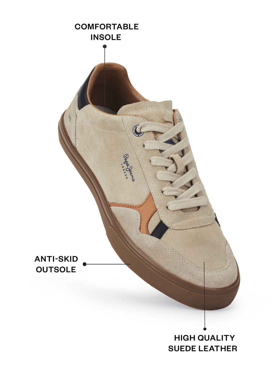 Men Beige Suede Leather Sneakers With Anti-skid Rubber Sole, , large image number 1