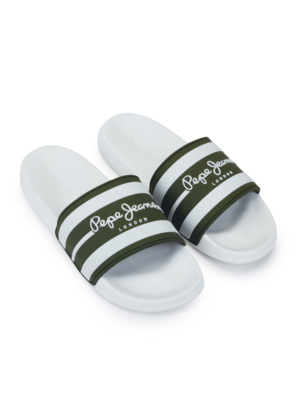 Men White & Olive Striped Slide Slippers With Arch Fit Footbed, , large image number 2