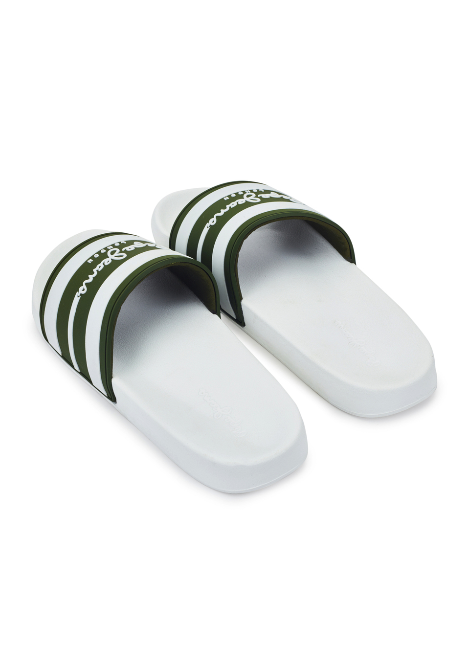 Men White & Olive Striped Slide Slippers With Arch Fit Footbed, , large image number 3