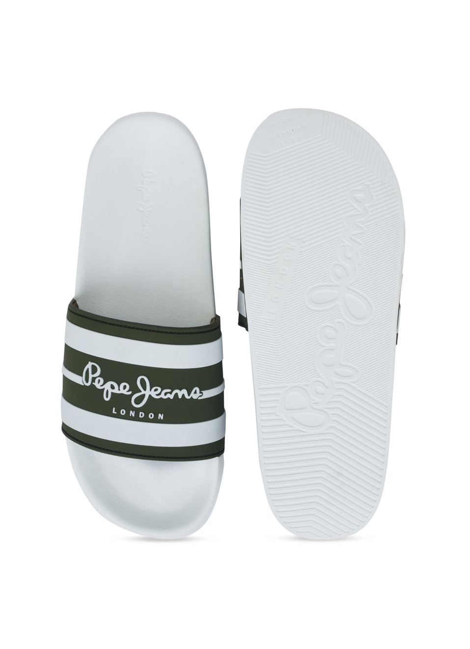 Men White & Olive Striped Slide Slippers With Arch Fit Footbed, , large image number 4