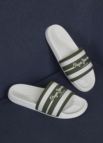 Men White & Olive Striped Slide Slippers With Arch Fit Footbed