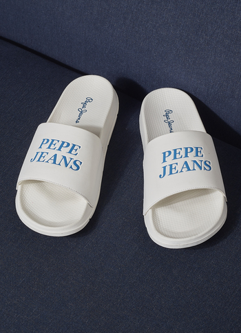 Men White Logo Print Anti Skid Sliders