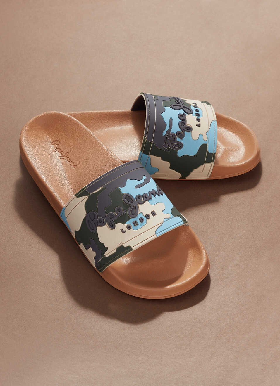 Men Caramel Beige Camouflage Slip On Slides, , large image number 0