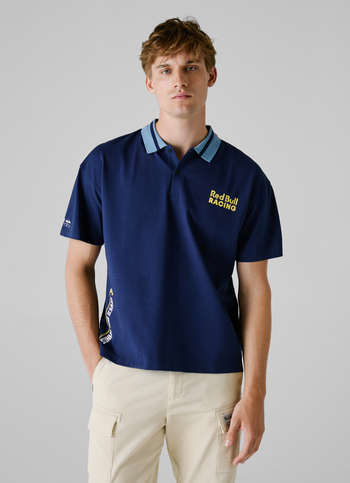 Red Bull Racing X Pepe Jeans Blue Printed Logo Pique Polo