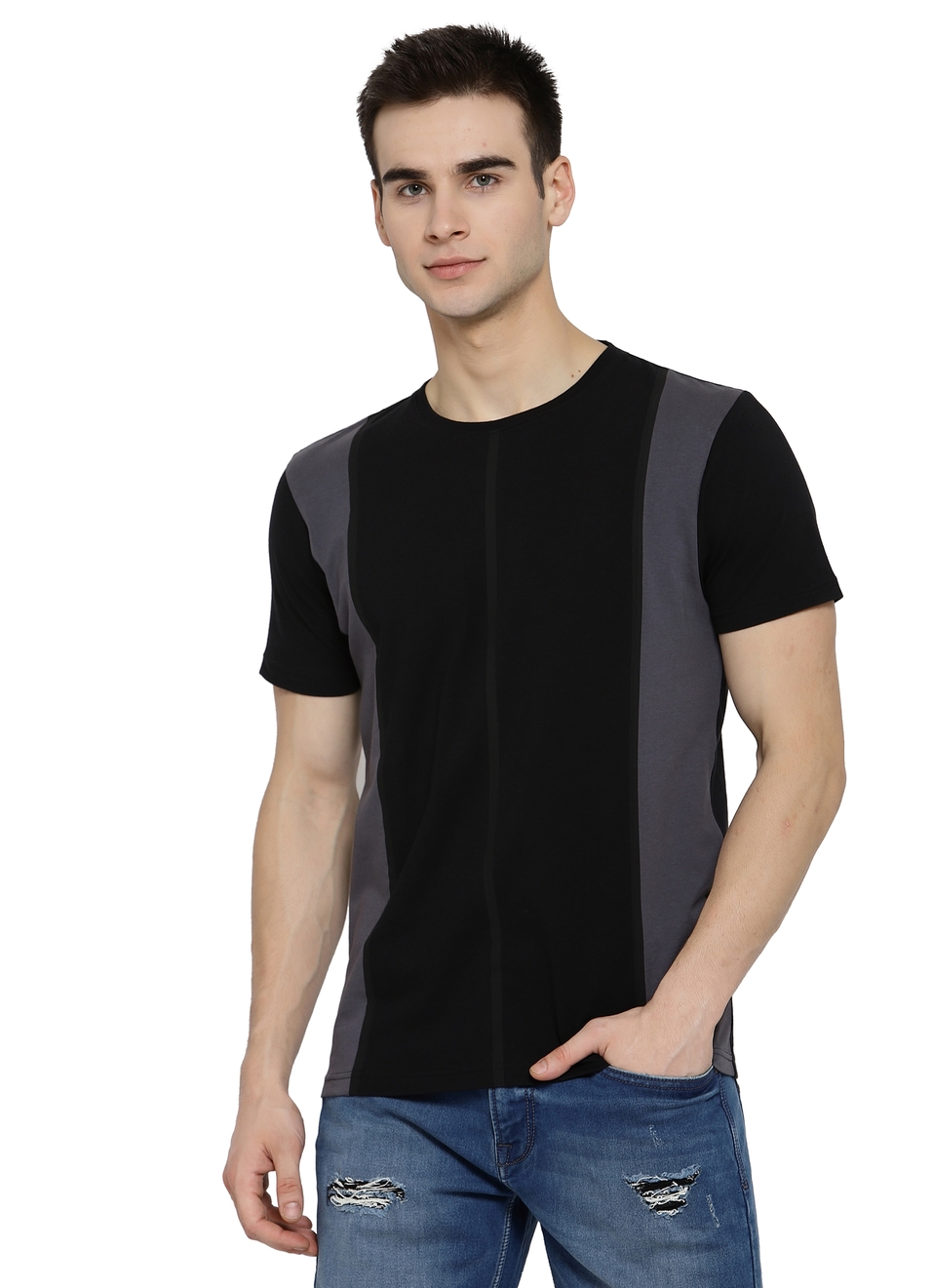 Spinner Round Neck Tees With Colour Block Striper, , large image number 0