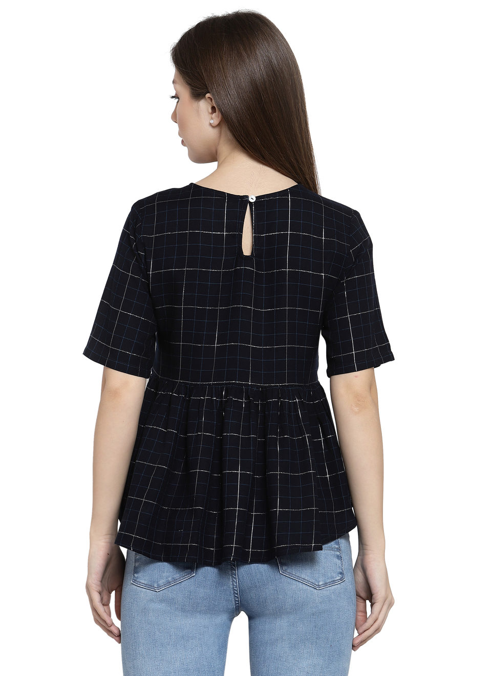 Dua Ss Peplum Style Checks Top With Lurex Details, , large image number 1