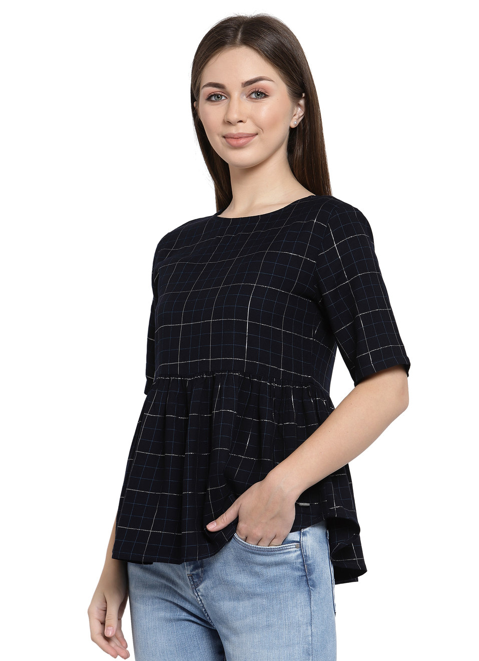 Dua Ss Peplum Style Checks Top With Lurex Details, , large image number 2