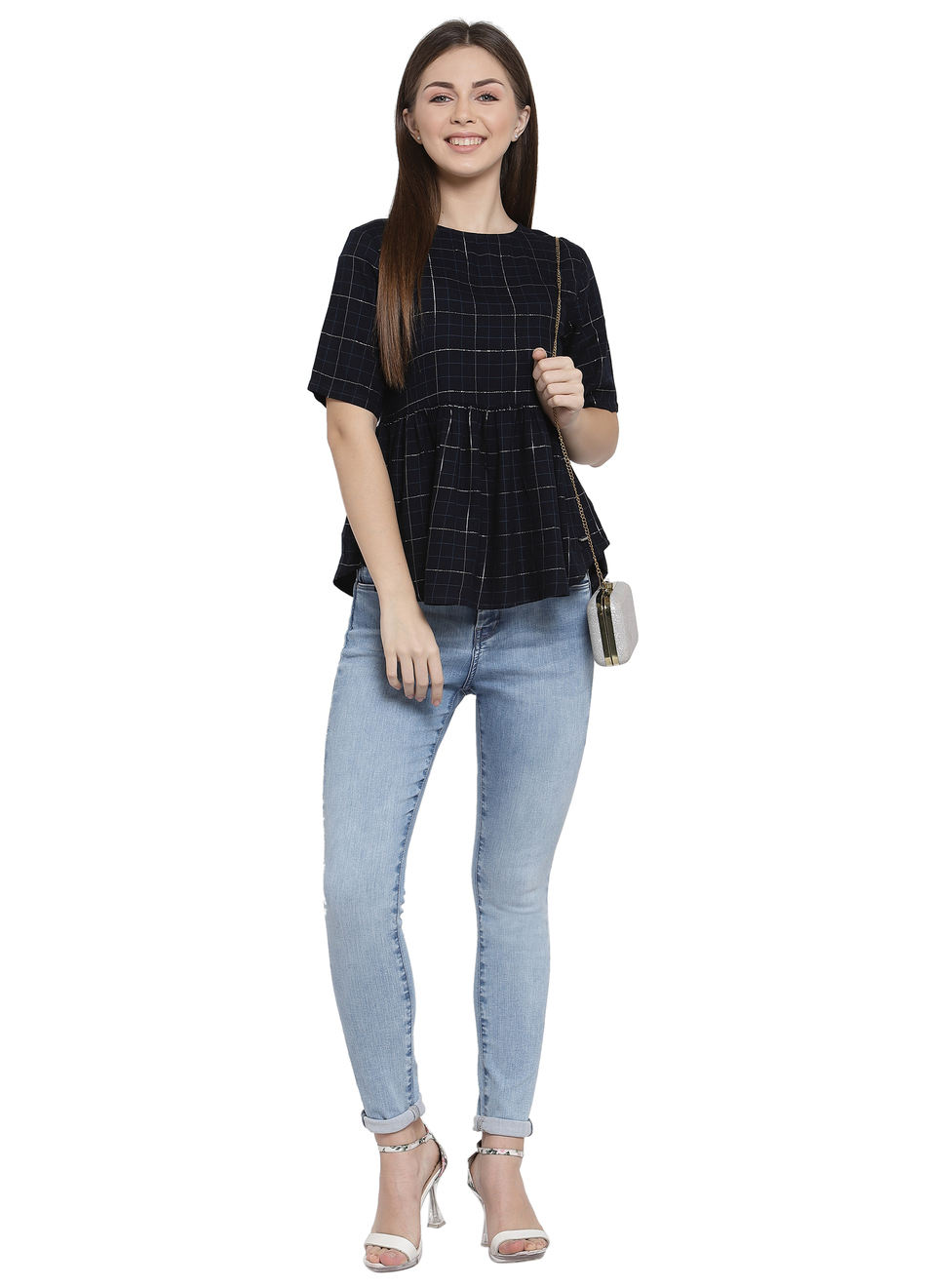 Dua Ss Peplum Style Checks Top With Lurex Details, , large image number 3