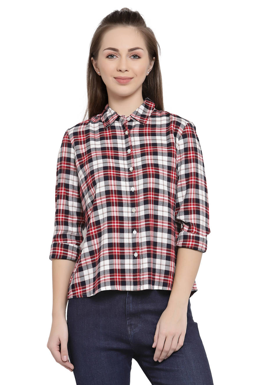 Grape Ls Checks Shirt With Glitter Print On Chest, , large image number 0