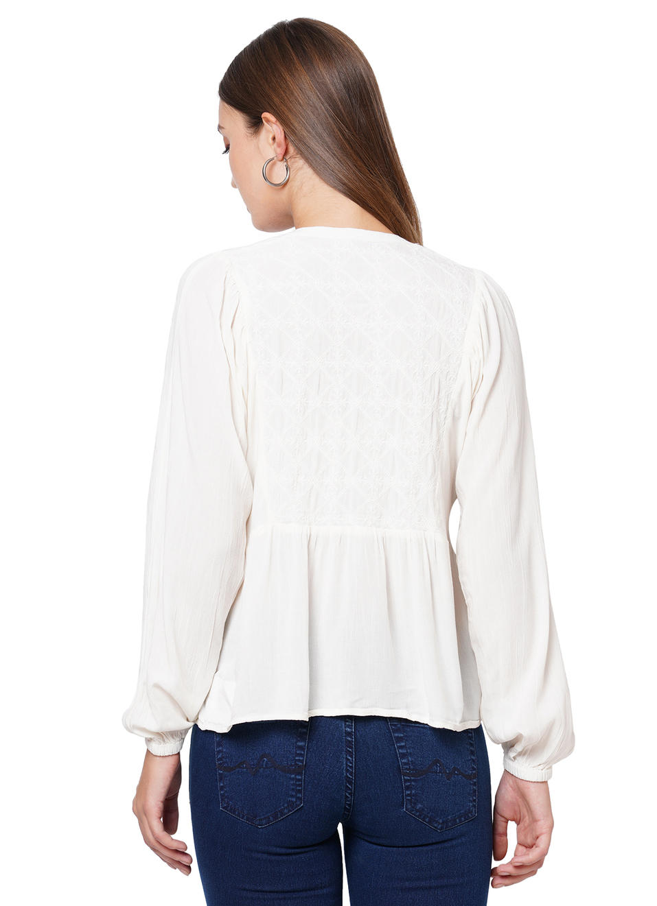 Iria Ls Peplum Style Solid Top With Embroidery Details  , , large image number 1