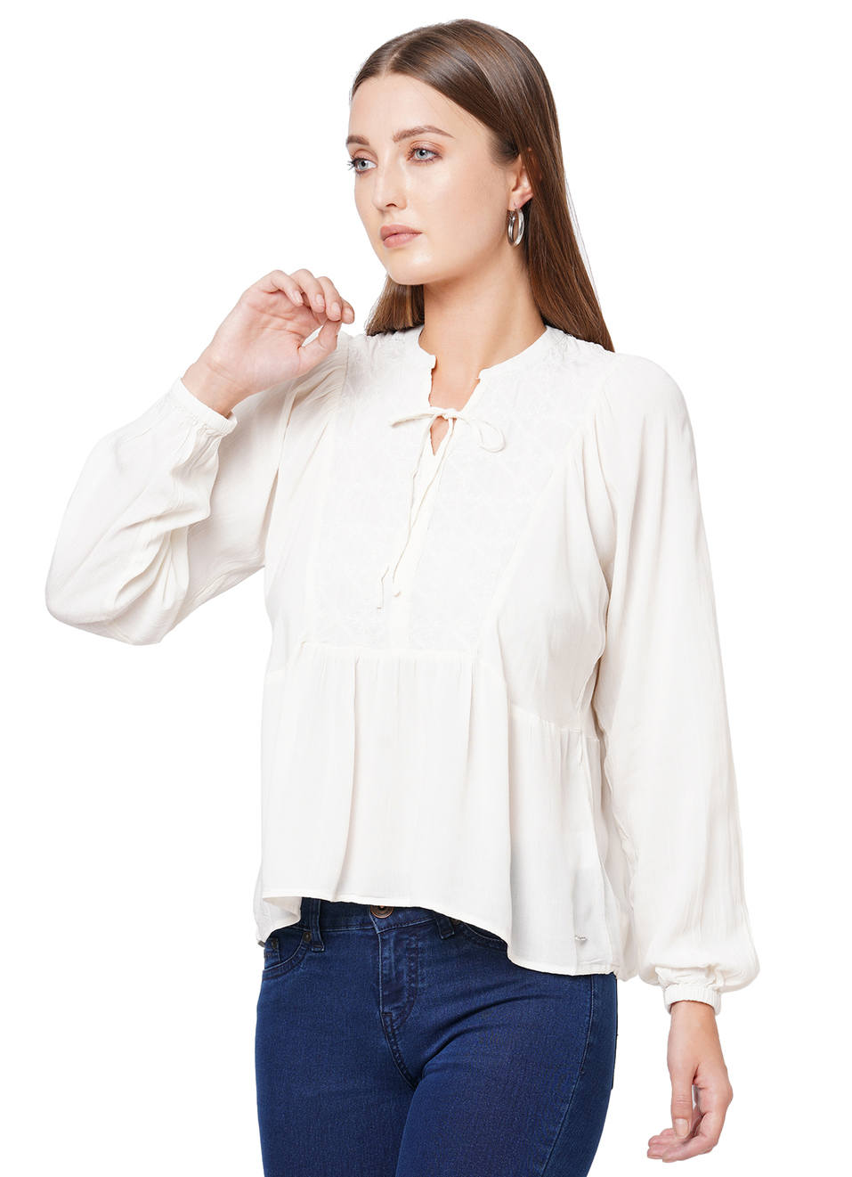 Iria Ls Peplum Style Solid Top With Embroidery Details  , , large image number 2