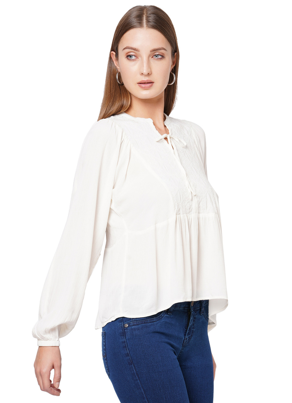 Iria Ls Peplum Style Solid Top With Embroidery Details  , , large image number 6