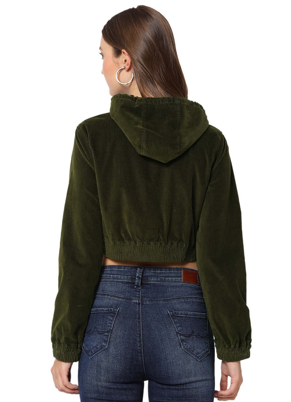 Yemma Ls Corduroy Hooded Crop Jacket With Front Open Zip Detail, , large image number 1