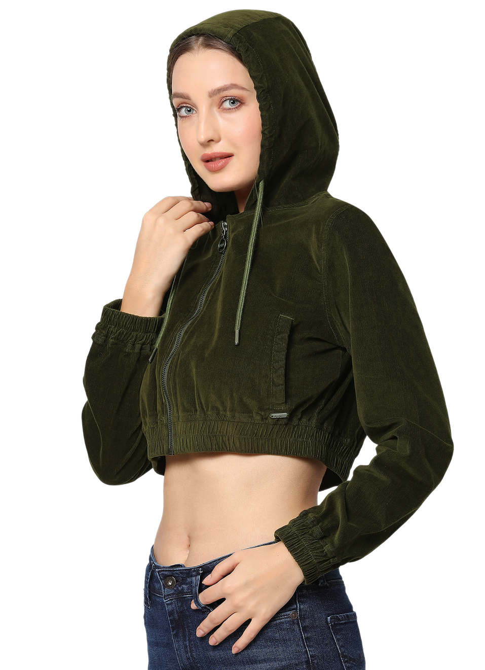 Yemma Ls Corduroy Hooded Crop Jacket With Front Open Zip Detail, , large image number 2