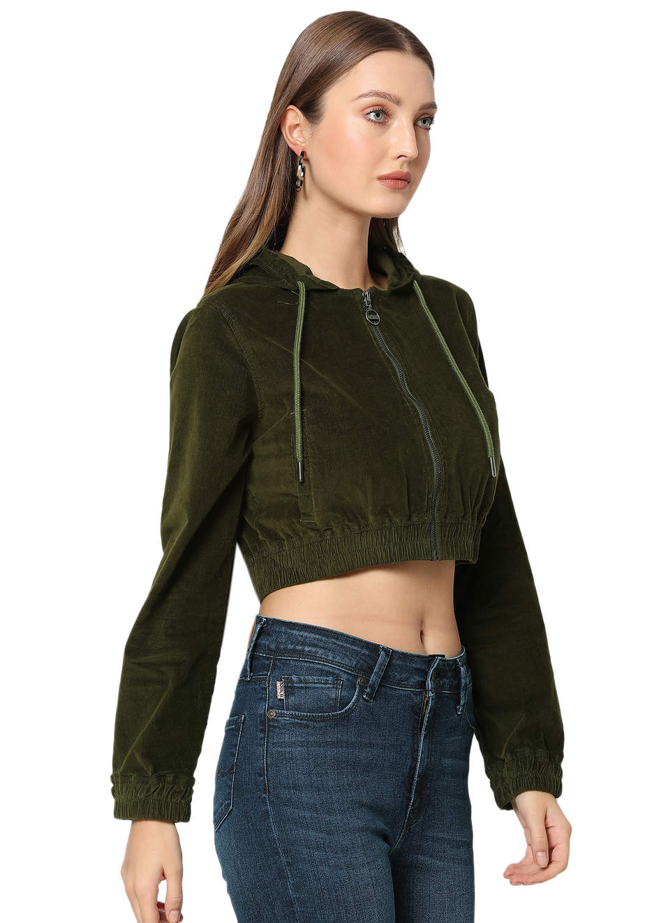 Yemma Ls Corduroy Hooded Crop Jacket With Front Open Zip Detail, , large image number 6
