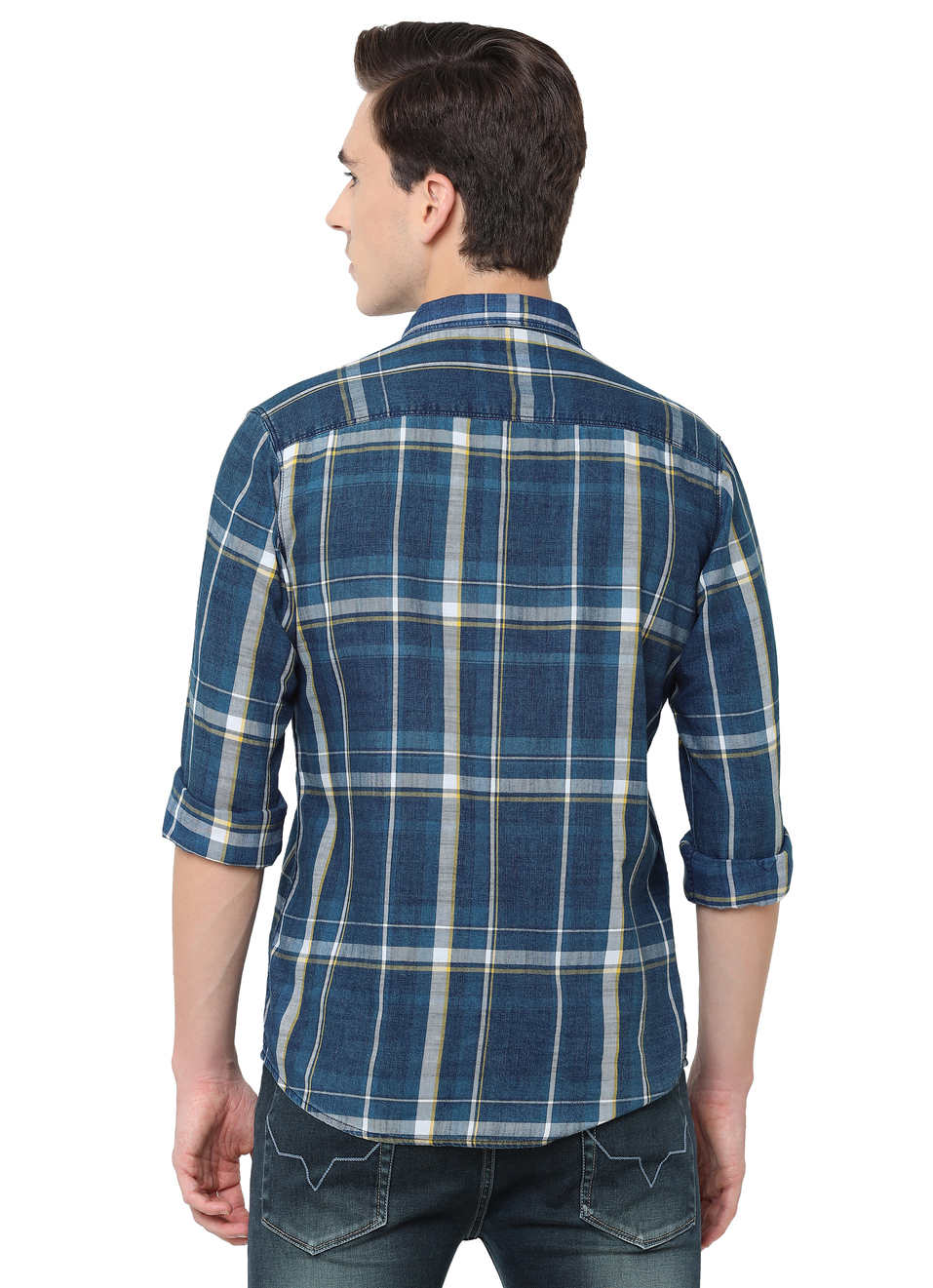 Leo Indigo Slub Checks Shirt, , large image number 1