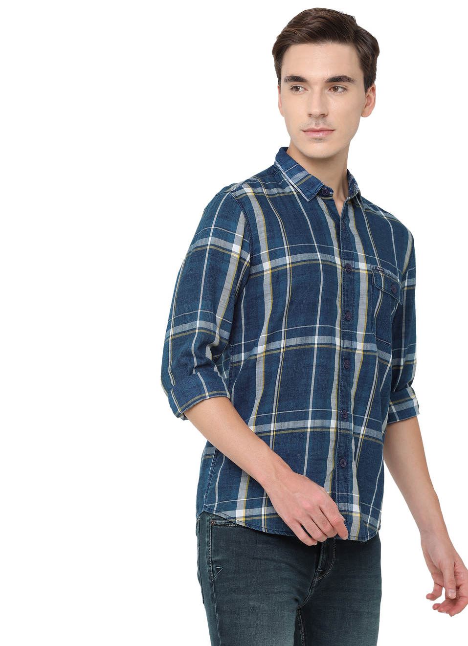 Leo Indigo Slub Checks Shirt, , large image number 4