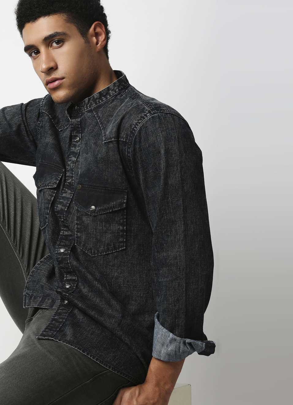 Honcho Mao Collared Denim Shirt, , large image number 2