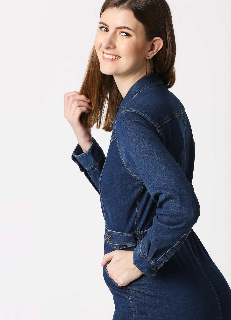 Laya Dark Wash Denim Dress With Slant Pocket Details, , large image number 1