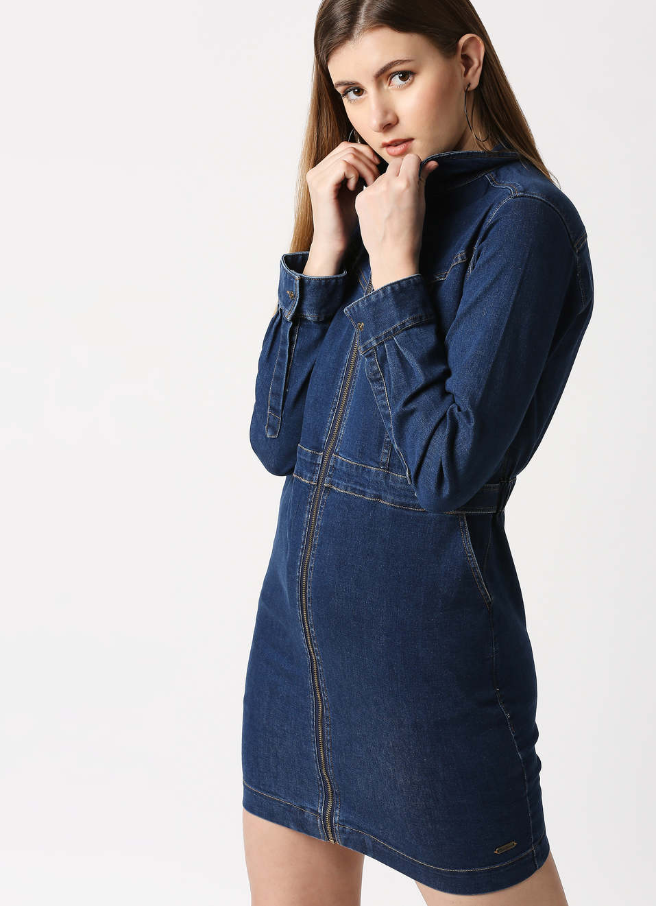 Laya Dark Wash Denim Dress With Slant Pocket Details, , large image number 2