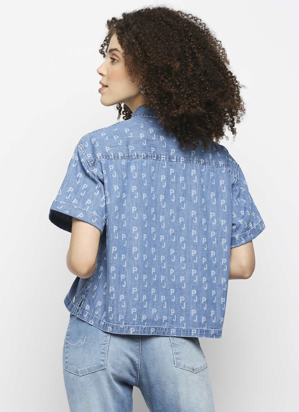 Helena Lazer Print Denim Shirt With Patch Pockets, , large image number 1