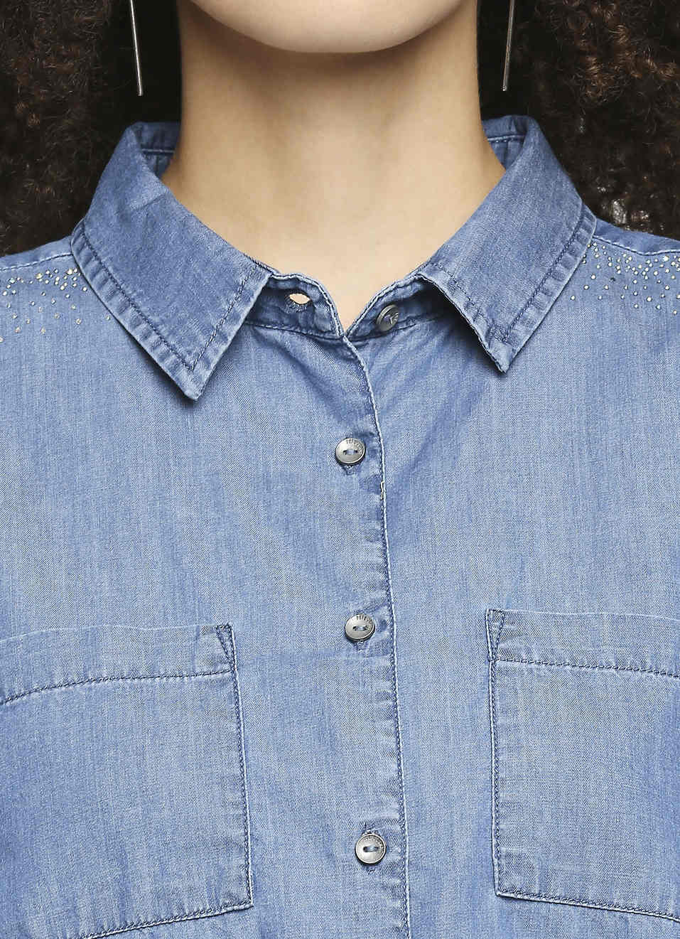 Hanna Denim Shirt With Rhine Stone On The Shoulder, , large image number 4