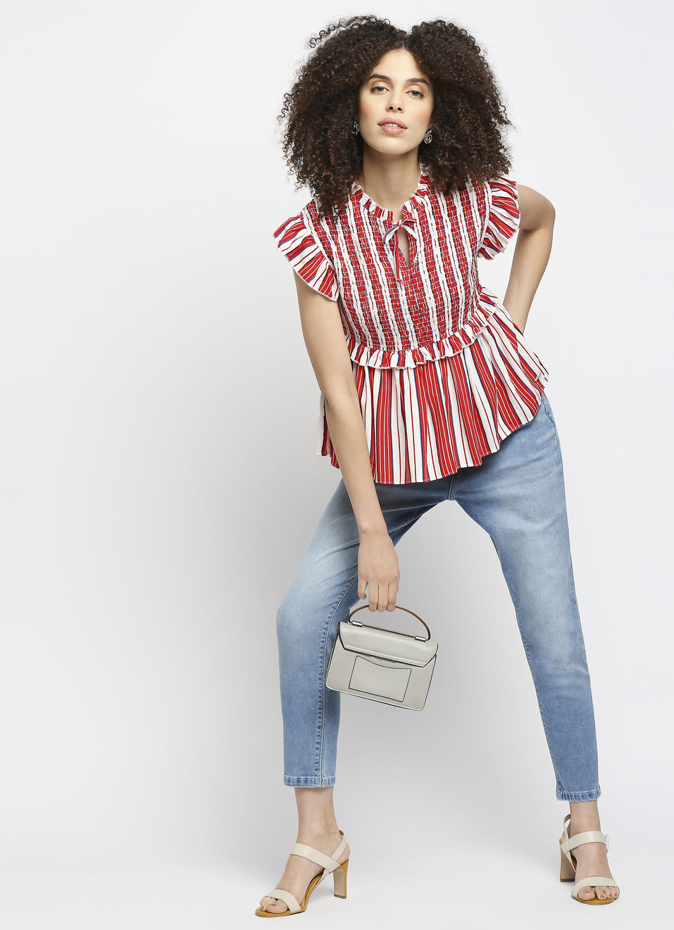 Belle Striper Smock Top With Ruffle On Sleeve And Neck, , large image number 3