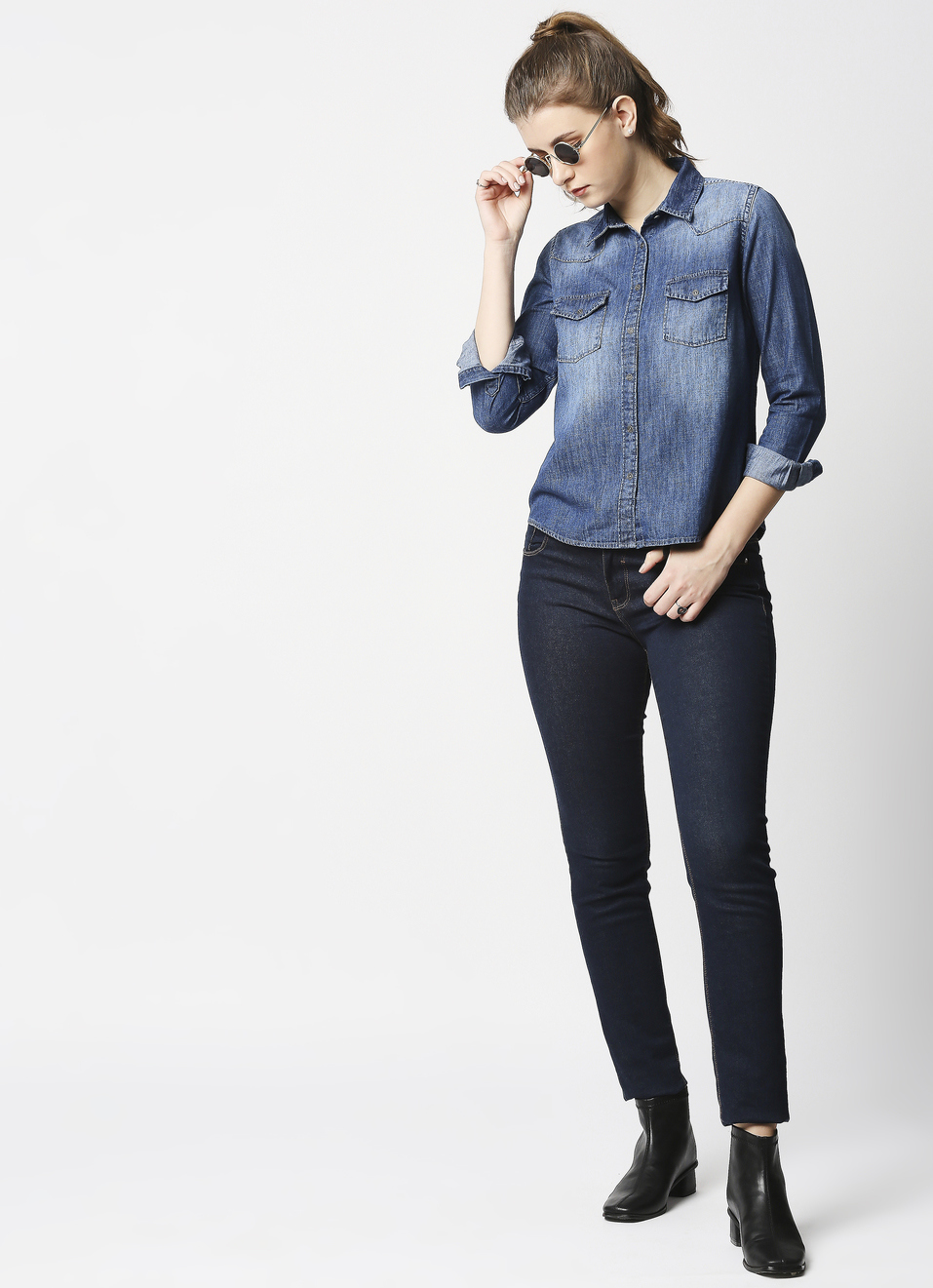 Sansa Dark Wash Denim Shirt With Patch Pocket Details, , large image number 3