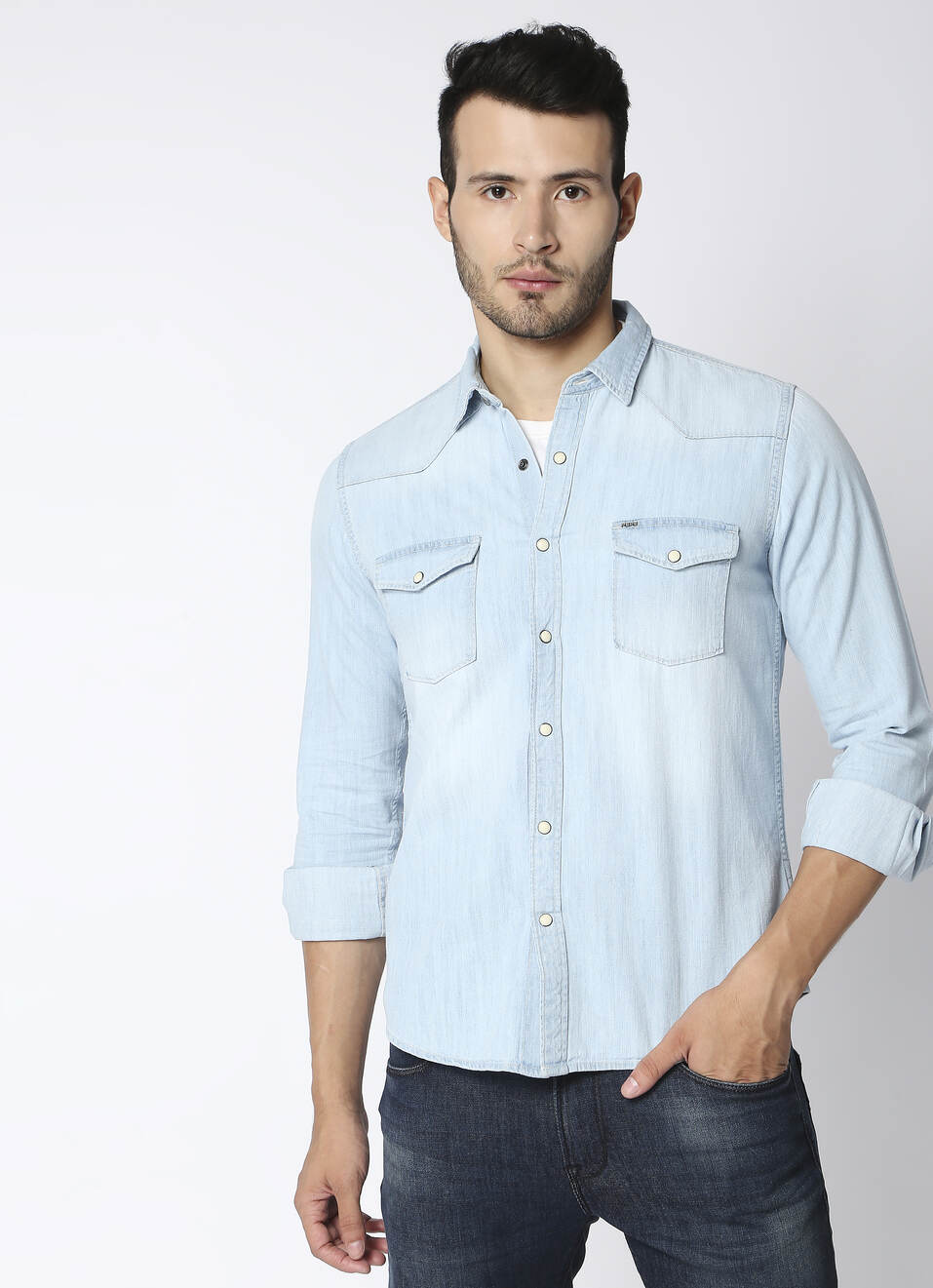 Hank Western Slim Fit Denim Shirt, , large image number 1