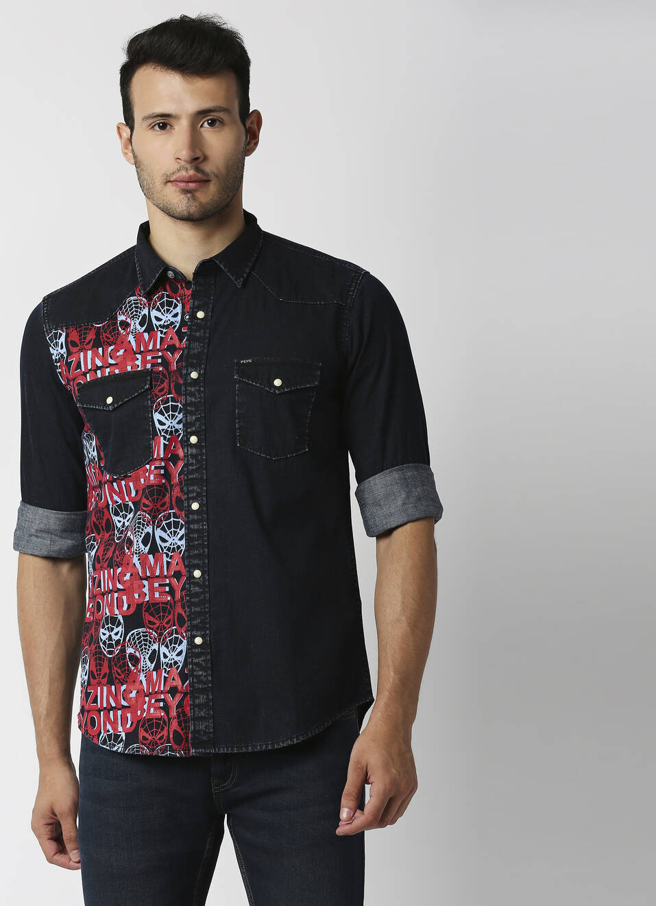 Hawk Spider Man graphic printed denim Shirt, , large image number 1