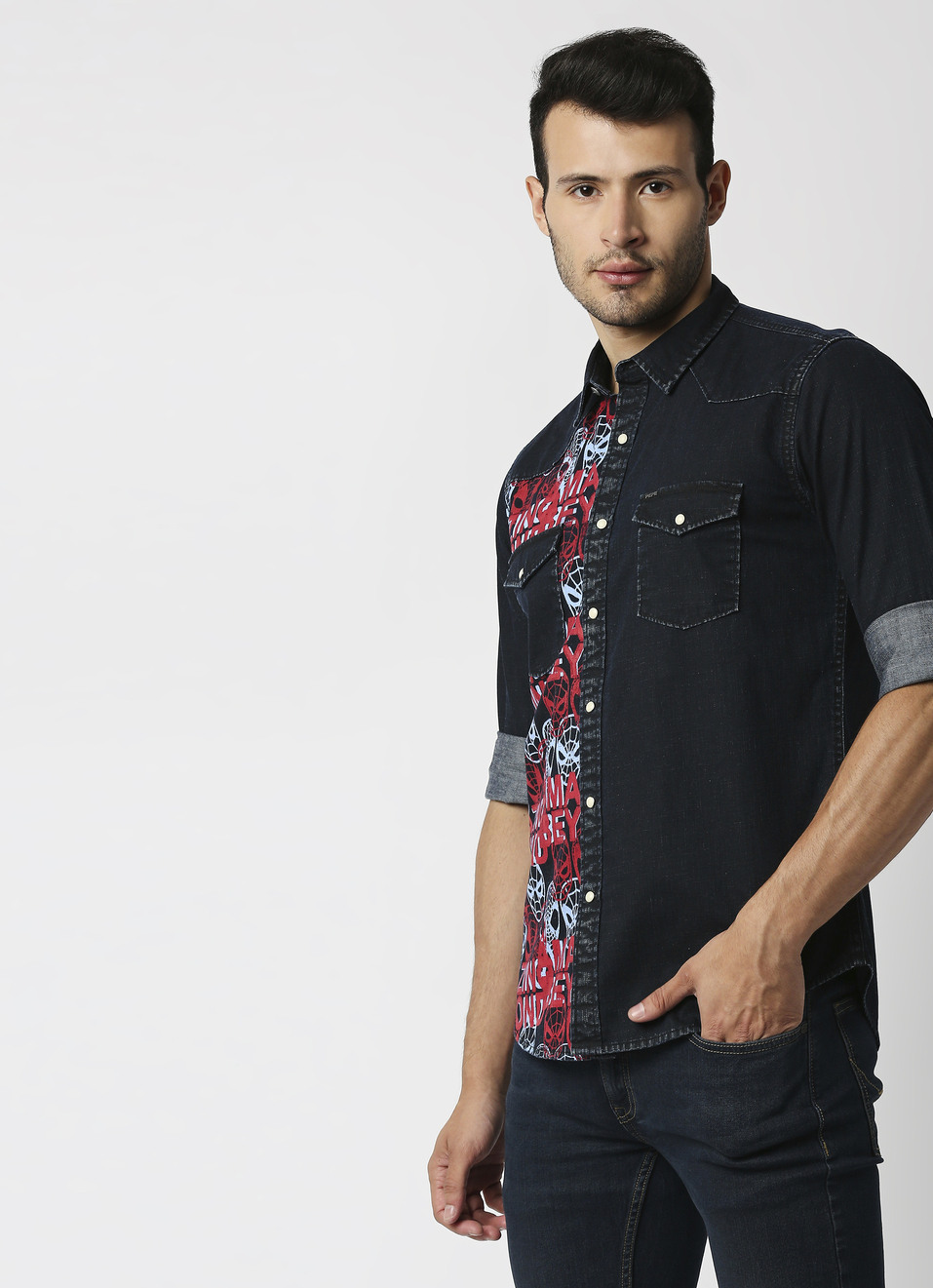 Hawk Spider Man graphic printed denim Shirt, , large image number 3