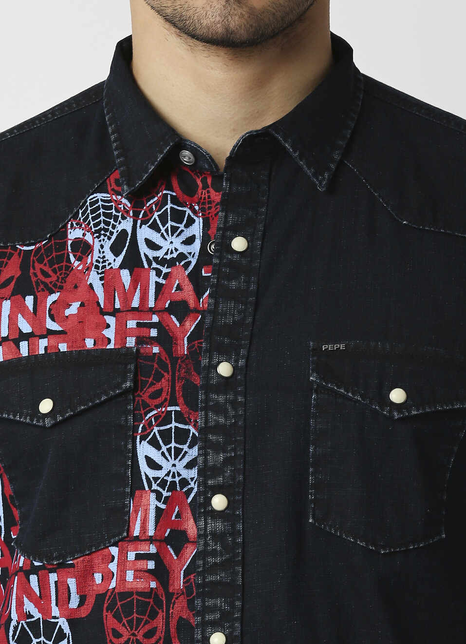 Hawk Spider Man graphic printed denim Shirt, , large image number 4