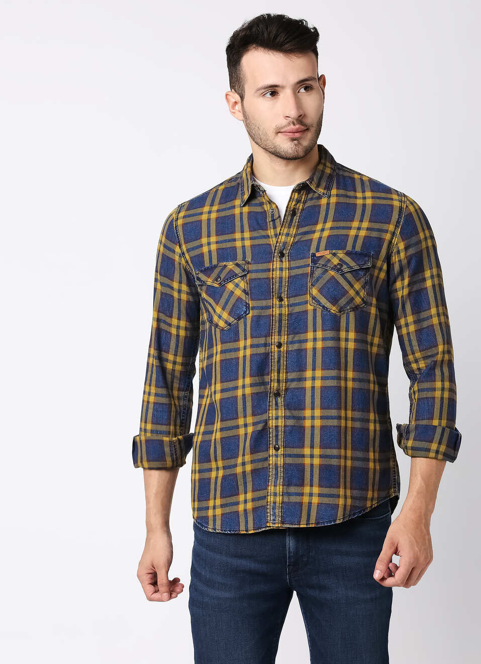 Dent Indigo Twill Checks Shirt, , large image number 1