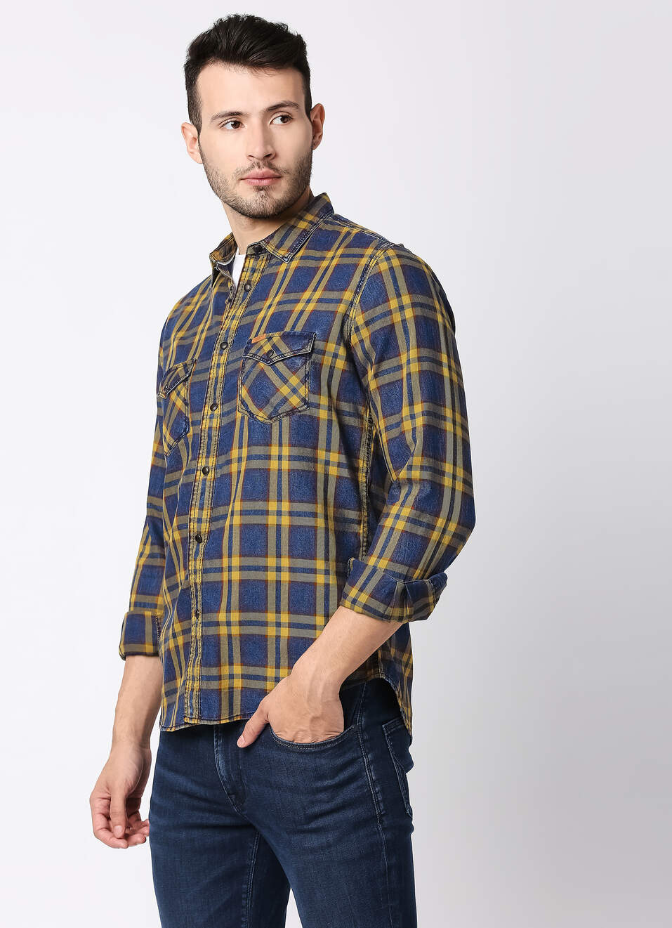 Dent Indigo Twill Checks Shirt, , large image number 3