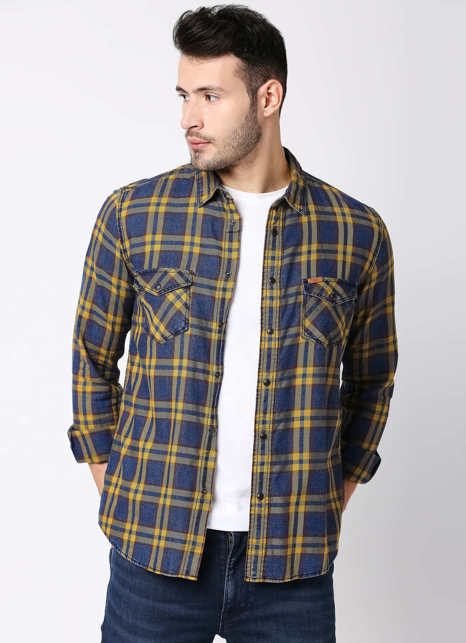 Dent Indigo Twill Checks Shirt, , large image number 0