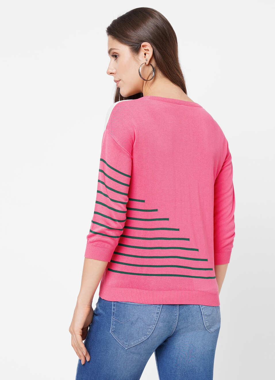 Teodora Colourblock & Stripe Mix 3/4Th Sleeve Flat Knit Top, , large image number 2