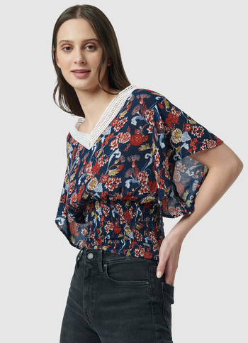 Crochet Detail Printed Top