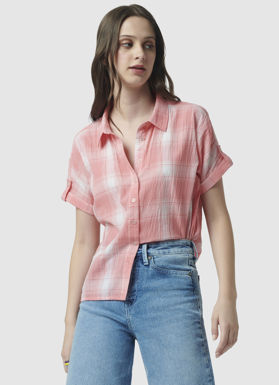 Extended Sleeve Coral Checks Shirt, , large image number 0