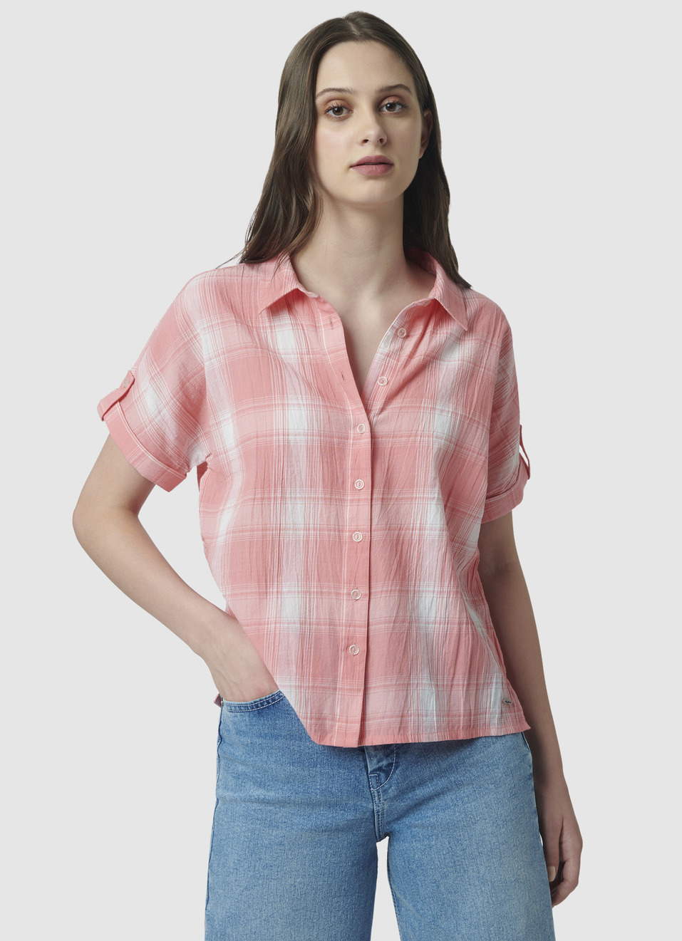 Extended Sleeve Coral Checks Shirt, , large image number 1