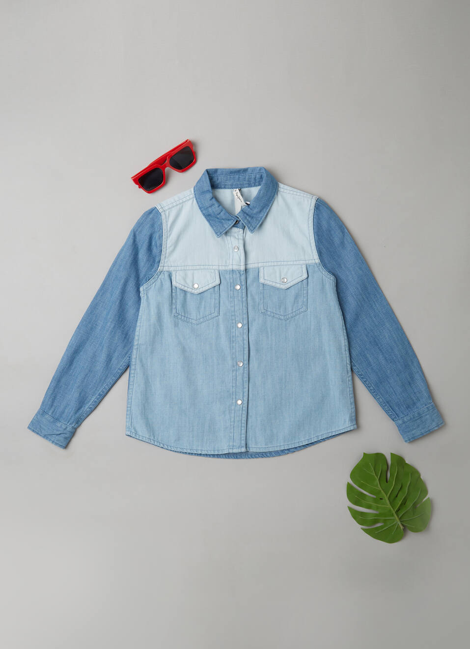 Stylish Denim Color Block Shirt, , large image number 0