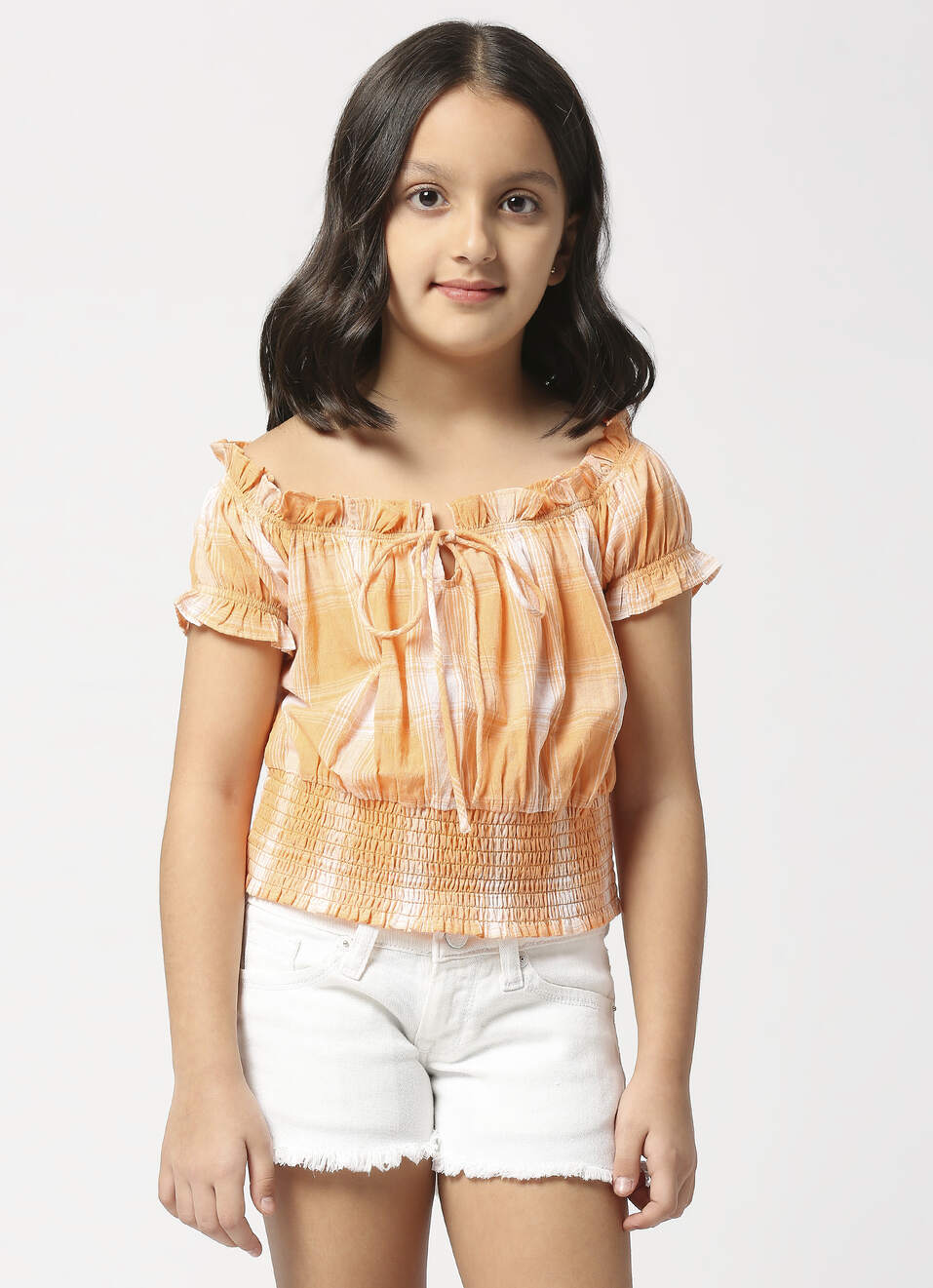 Smocked Hem Orange Checks Top, , large image number 1