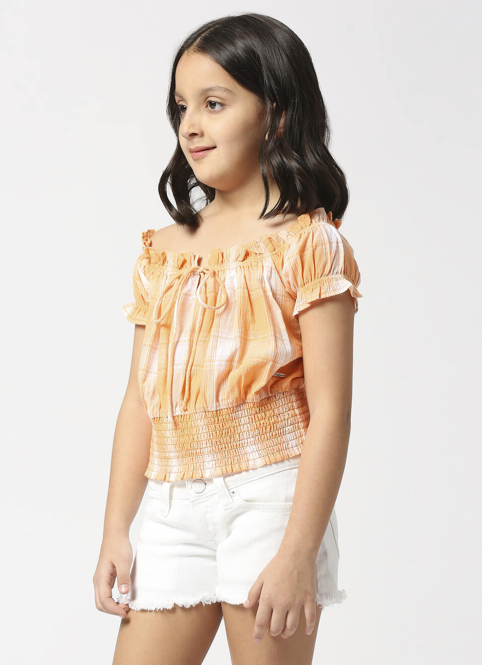 Smocked Hem Orange Checks Top, , large image number 3