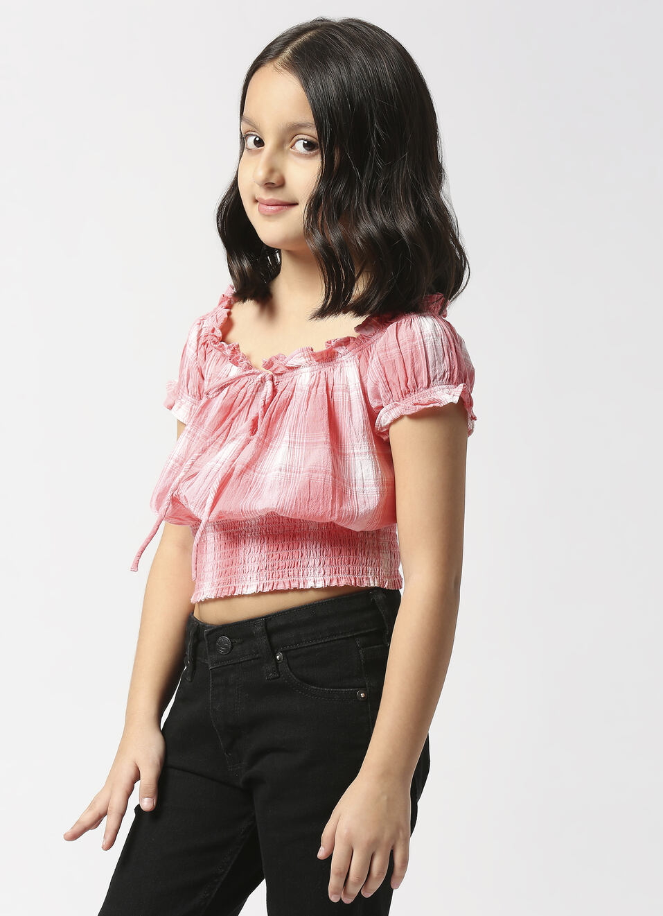 Smocked Hem Coral Checks Top, , large image number 3