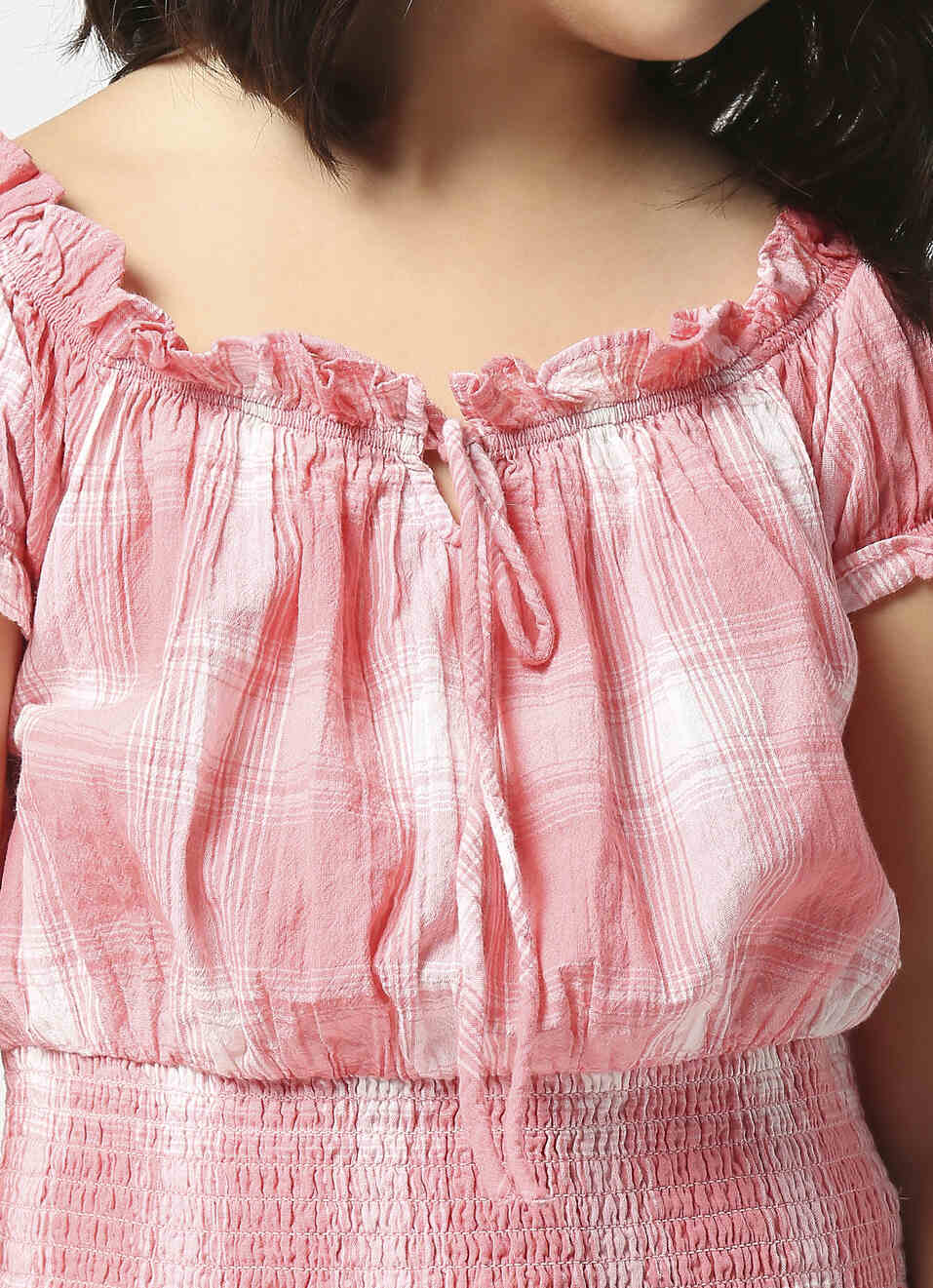 Smocked Hem Coral Checks Top, , large image number 4