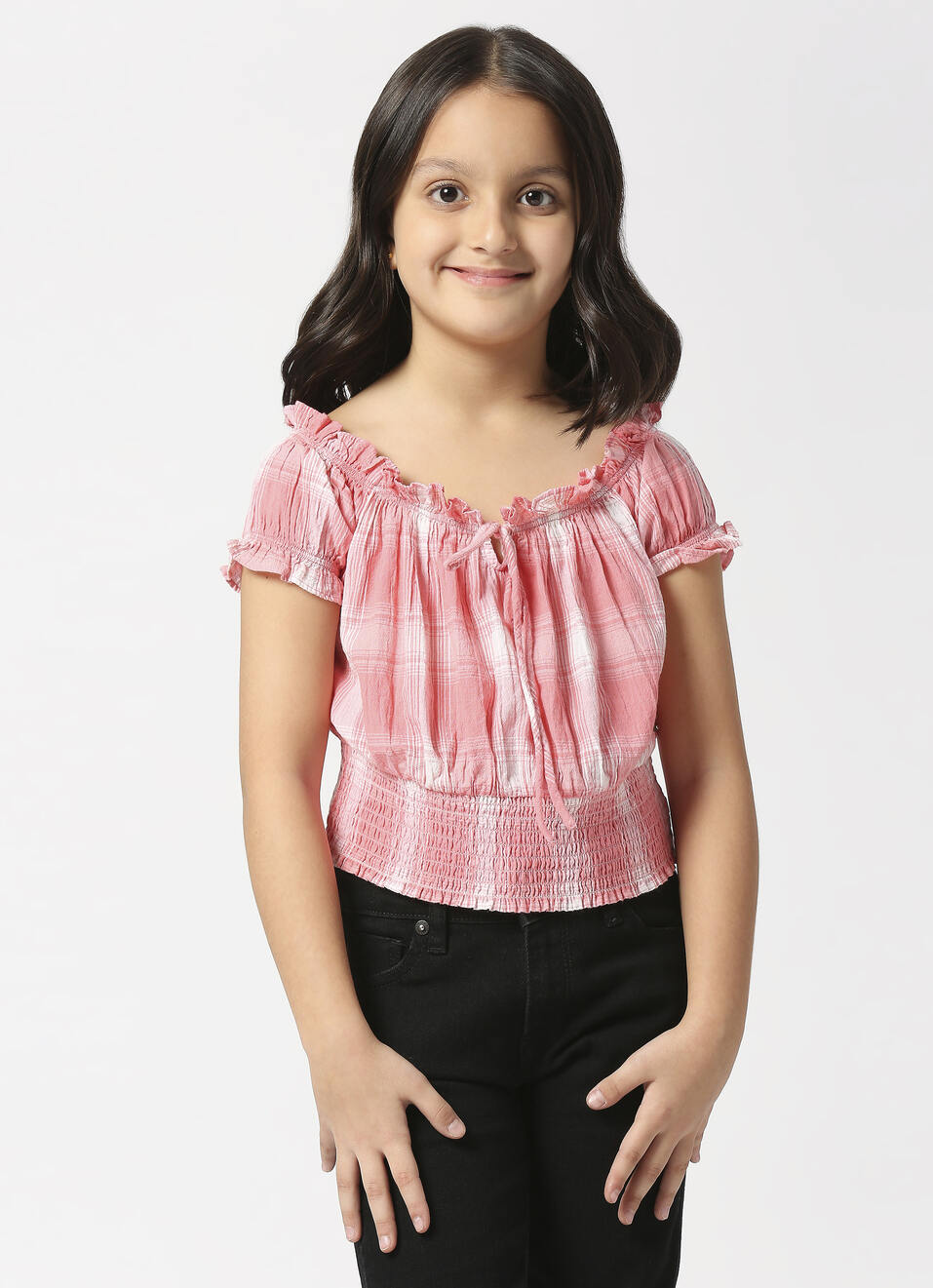 Smocked Hem Coral Checks Top, , large image number 0