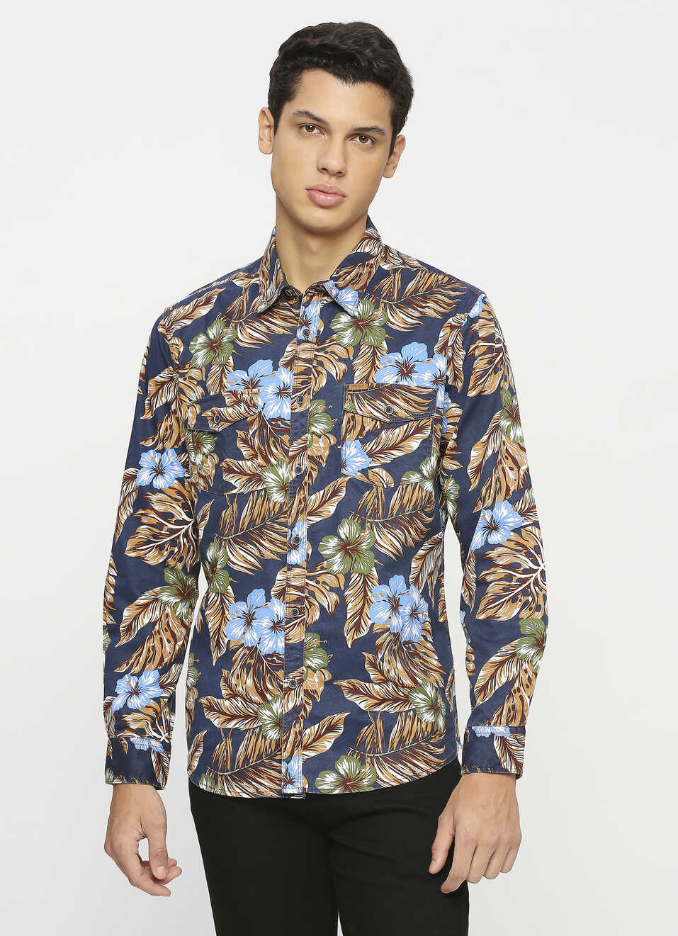 Blue All-over Printed Double Pocket Shirt, , large image number 1