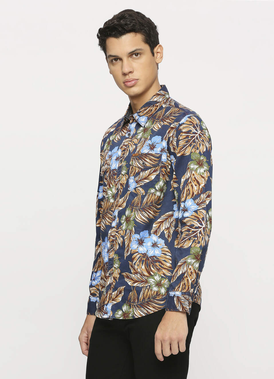 Blue All-over Printed Double Pocket Shirt, , large image number 3