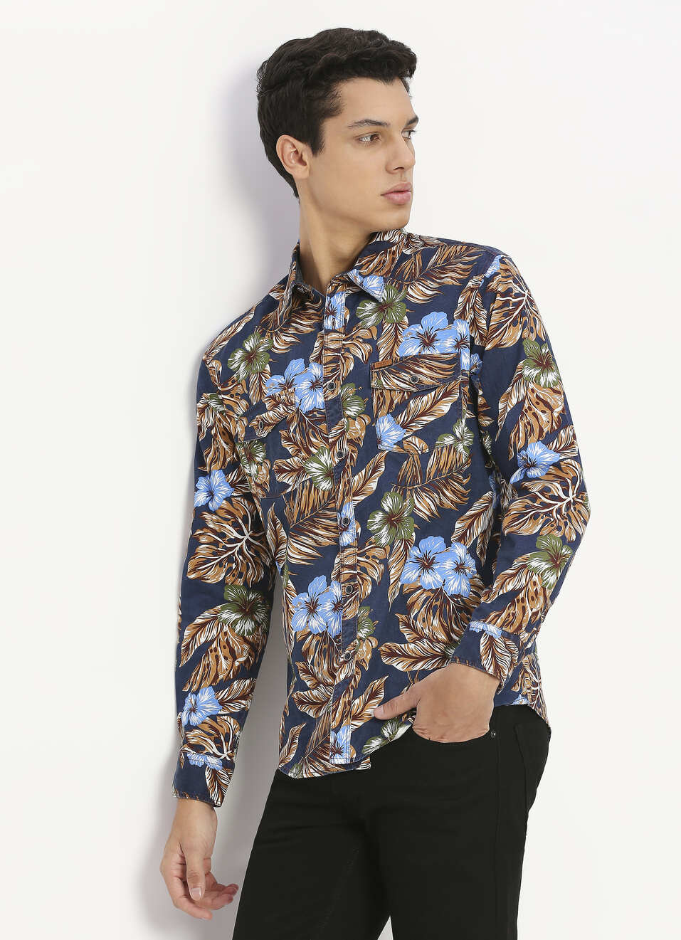 Blue All-over Printed Double Pocket Shirt, , large image number 6