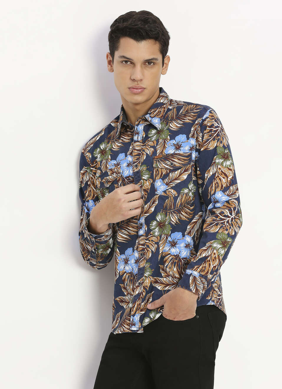 Blue All-over Printed Double Pocket Shirt, , large image number 0