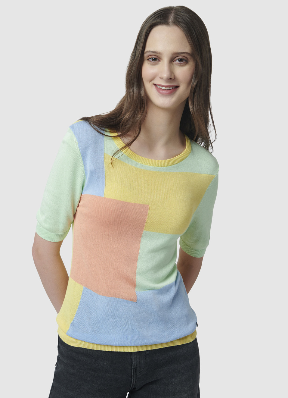 Pink Color Block Flat Knit Top, , large image number 1